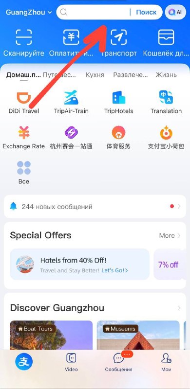 Главный экран Alipay, строка поиска